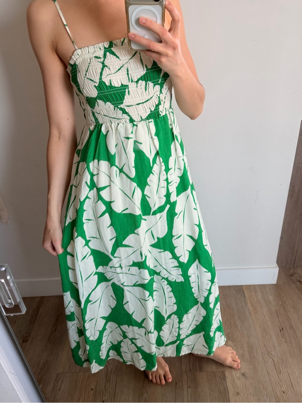 Dynamite Green and White Smocked Floral Maxi Dress - XS